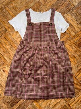 shosho Brown Plaid Pinafore Dress with Pink Windowpane